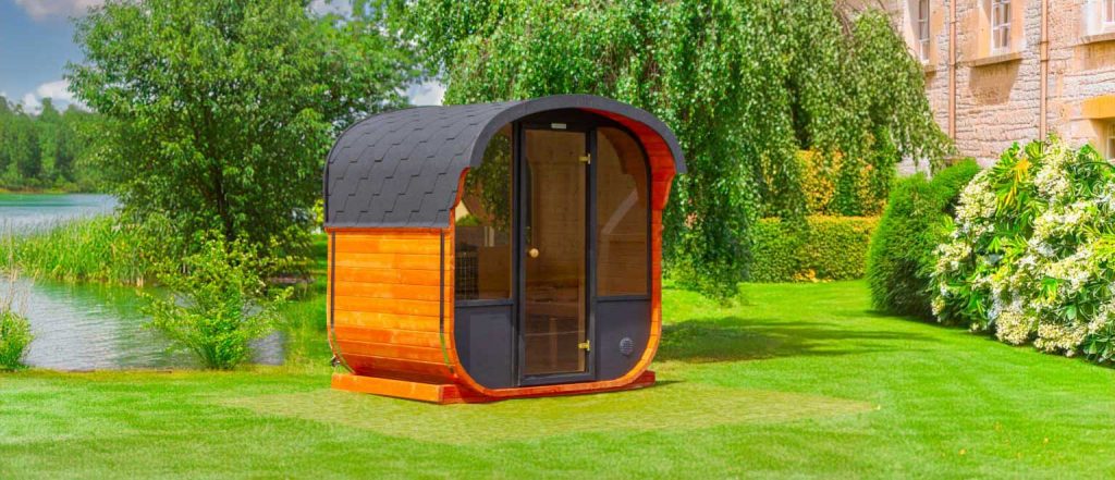Traditional wooden sauna in a UK garden – spa-style heat.